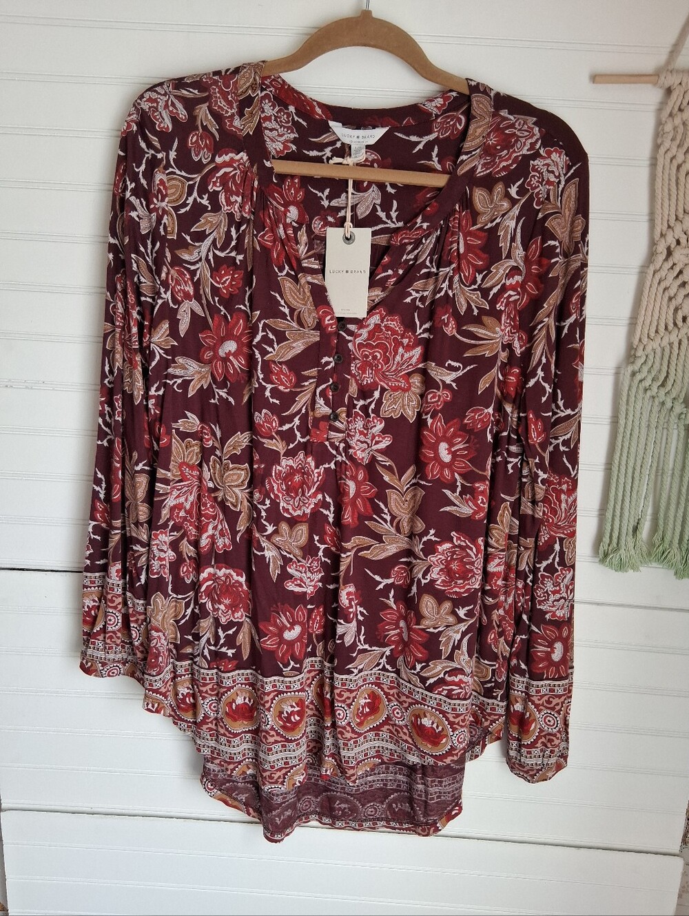 Lucky Brand Boho Floral Button-Front Women’s Top - Burgundy Multi Sz L NWT